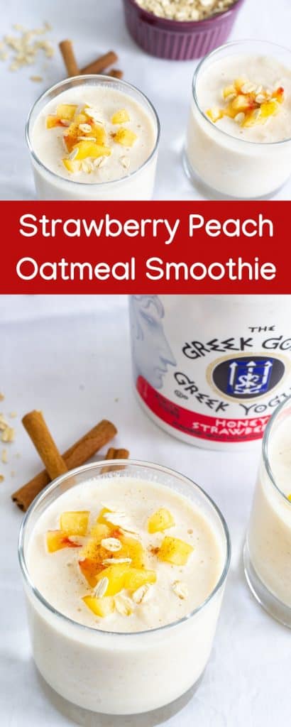 Peach Strawberry Oatmeal Smoothie combines greek yogurt, frozen peaches, milk, oatmeal, honey, cinnamon, vanilla and ice to make a healthy and beverage! 