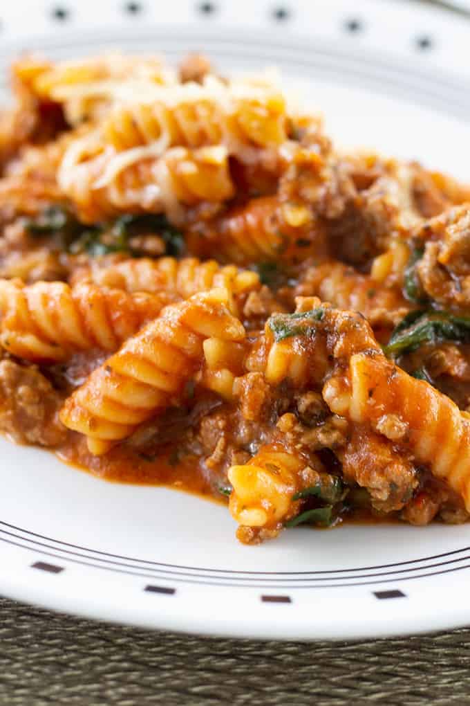 Side close up view of one pot meaty marinara pasta on a white plate.