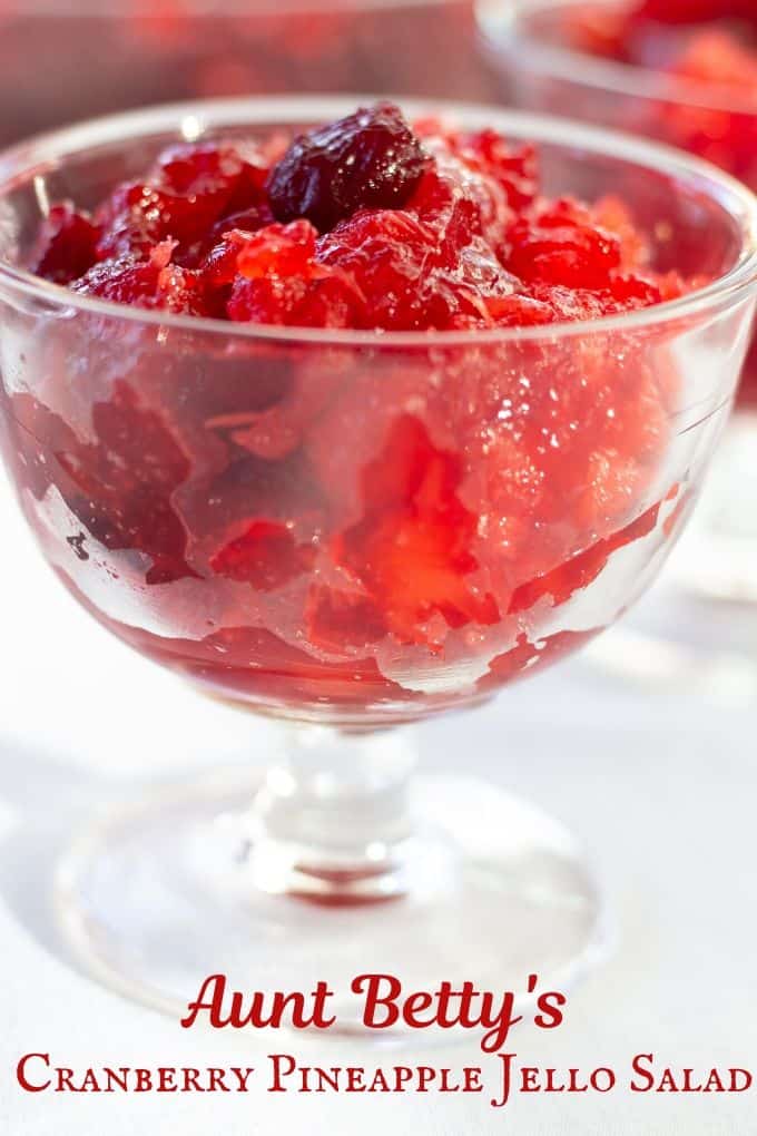 Cranberry Pineapple Jello Salad features whole berry cranberry sauce, crushed pineapple, and raspberry jello. A tasty way to perk up canned cranberry sauce.