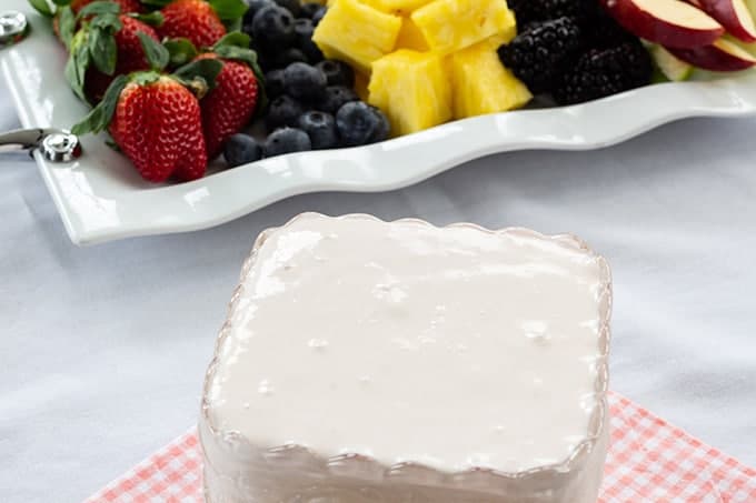 Heavenly Party Fruit Dip combines just 3 ingredients, Greek yogurt, cream cheese, and marshmallow cream to make this tasty dip that is perfect for fruit. 