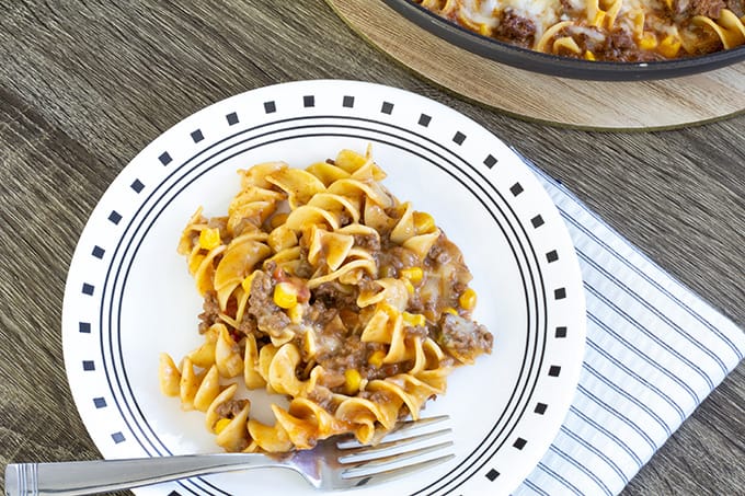 Cheesy Beef Taco Noodles - ground beef, onion, cheese soup, salsa, corn and Light 'n Fluffy Noodles. Easy to make and on the table in about 25 minutes!