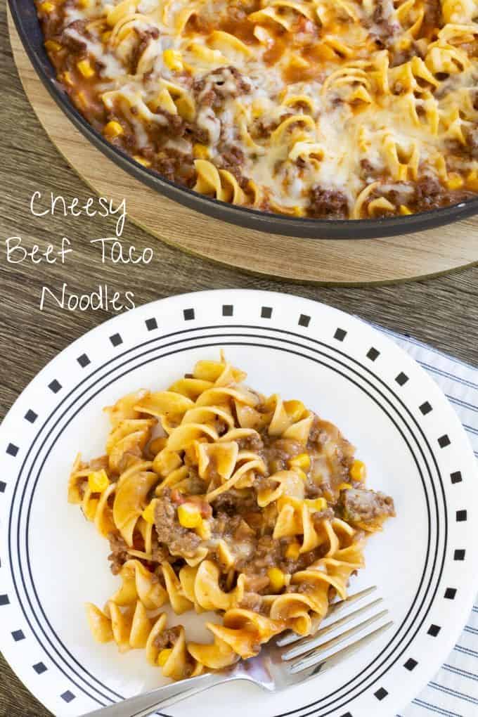 Cheesy Beef Taco Noodles - ground beef, onion, cheese soup, salsa, corn and Light 'n Fluffy Noodles. Easy to make and on the table in about 25 minutes!