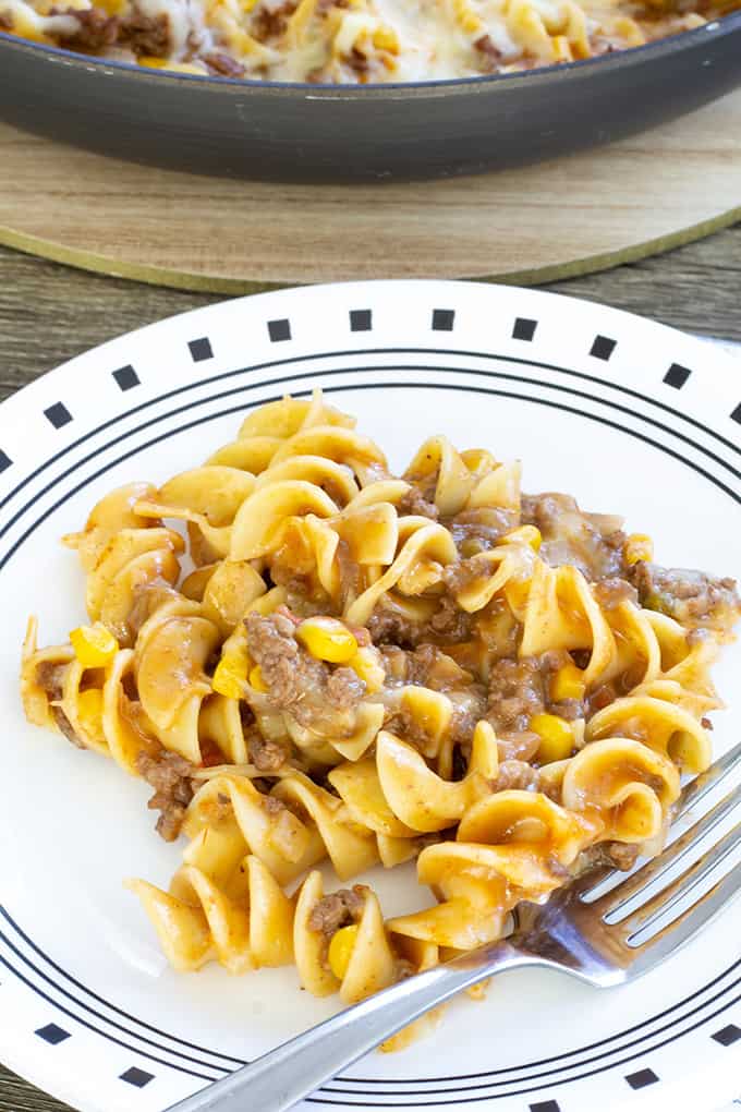 Cheesy Beef Taco Noodles - ground beef, onion, cheese soup, salsa, corn and Light 'n Fluffy Noodles. Easy to make and on the table in about 25 minutes!