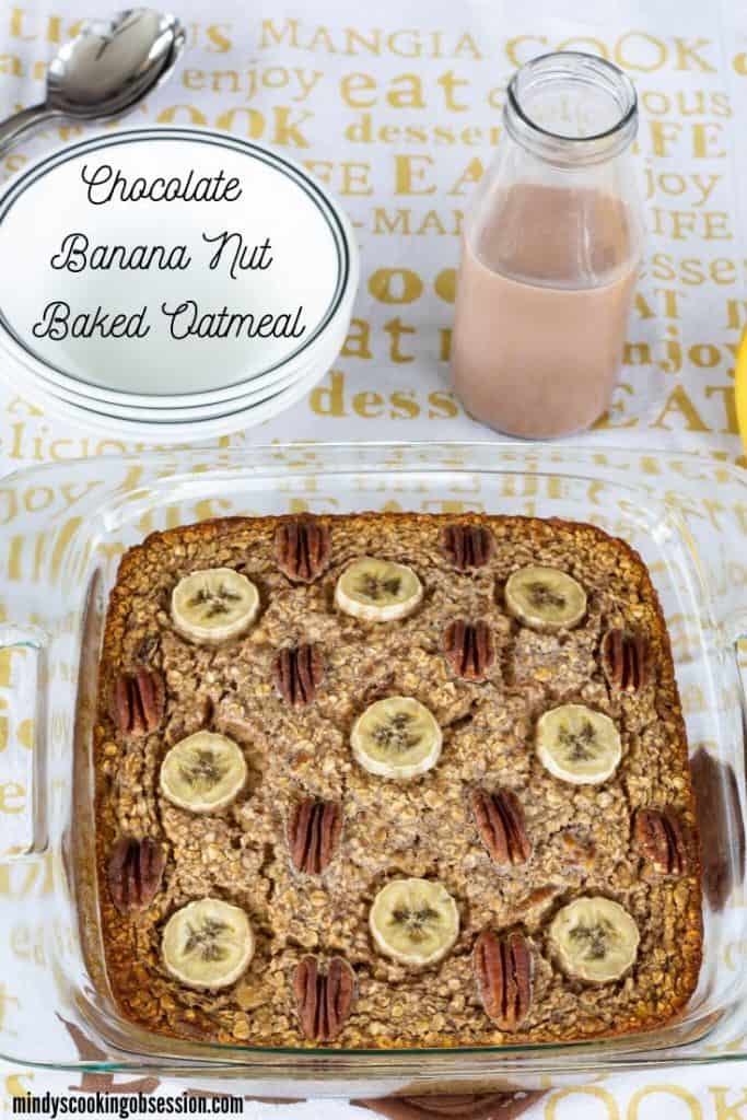 Chocolate Banana Nut Baked Oatmeal is a creamy version of the popular breakfast cereal featuring chocolate milk, bananas, nuts, and other pantry staples. 