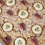 Chocolate Banana Nut Baked Oatmeal is a creamy version of the popular breakfast cereal featuring chocolate milk, bananas, nuts, and other pantry staples.