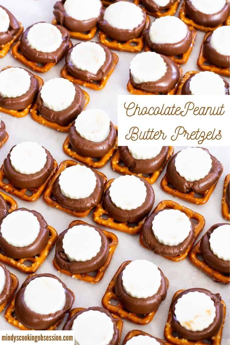 Chocolate Peanut Butter Pretzels feature Hershey's Kisses, Mini White Chocolate Peanut Butter Cups and miniature pretzels. They make a great party snack!