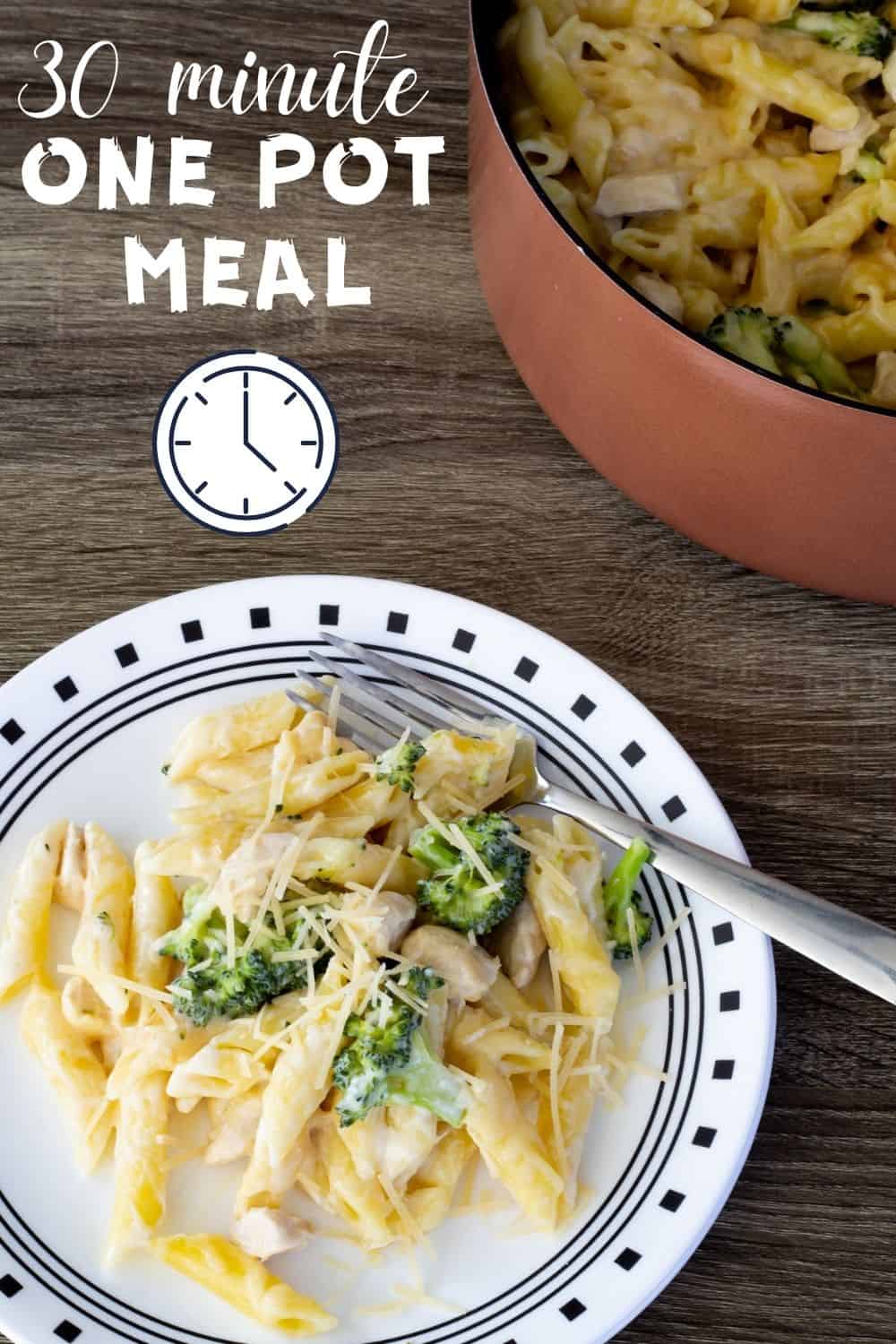 Alfredo Chicken Pasta & Broccoli features jar sauce, short cut pasta, chicken breast, and Parmesan cheese. This one pot dish is on the table in 30 minutes!