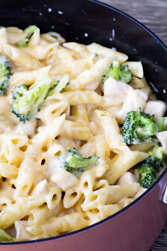 Alfredo Chicken Pasta & Broccoli features jar sauce, short cut pasta, chicken breast, and Parmesan cheese. This one pot dish is on the table in 30 minutes!