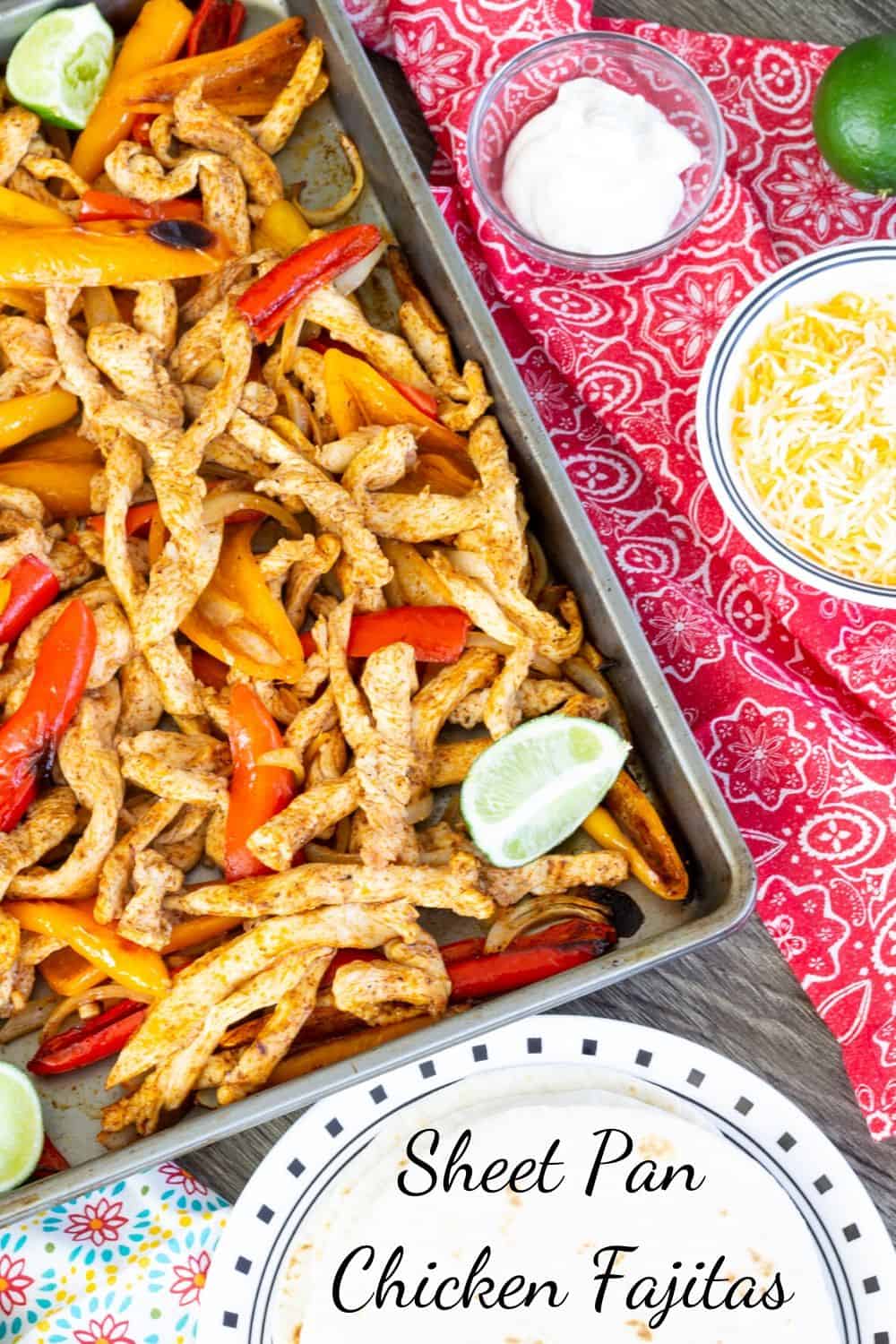 Sheet Pan Chicken Fajitas made with baby bell peppers, onion and chili powder cooked perfectly on a sheet pan, making an easy and quick Tex - Mex meal.