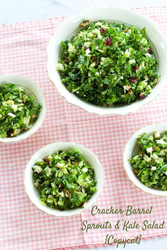 Brussels Sprouts & Kale Salad is a copycat of the Cracker Barrel recipe and features pecans, cranberries and is topped with a simple maple vinaigrette. 