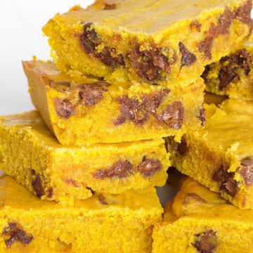 Homemade Chocolate Chip Pumpkin Bars are deliciously moist and so easy to make using common pantry ingredients. Made in a 9" X 13" pan.
