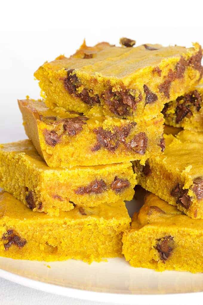 Homemade Chocolate Chip Pumpkin Bars are deliciously moist and so easy to make using common pantry ingredients. Made in a 9" X 13" pan. 