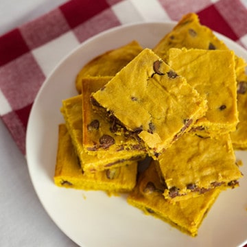 Homemade Chocolate Chip Pumpkin Bars are deliciously moist and so easy to make using common pantry ingredients. Made in a 9" X 13" pan.