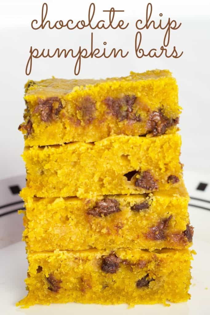 Homemade Chocolate Chip Pumpkin Bars are deliciously moist and so easy to make using common pantry ingredients. Made in a 9" X 13" pan. 