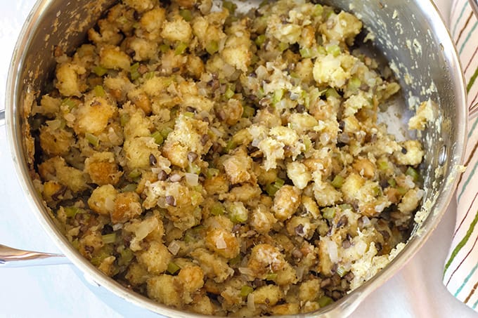 Close up overhead view of a large pan with homemade stove top stuffing