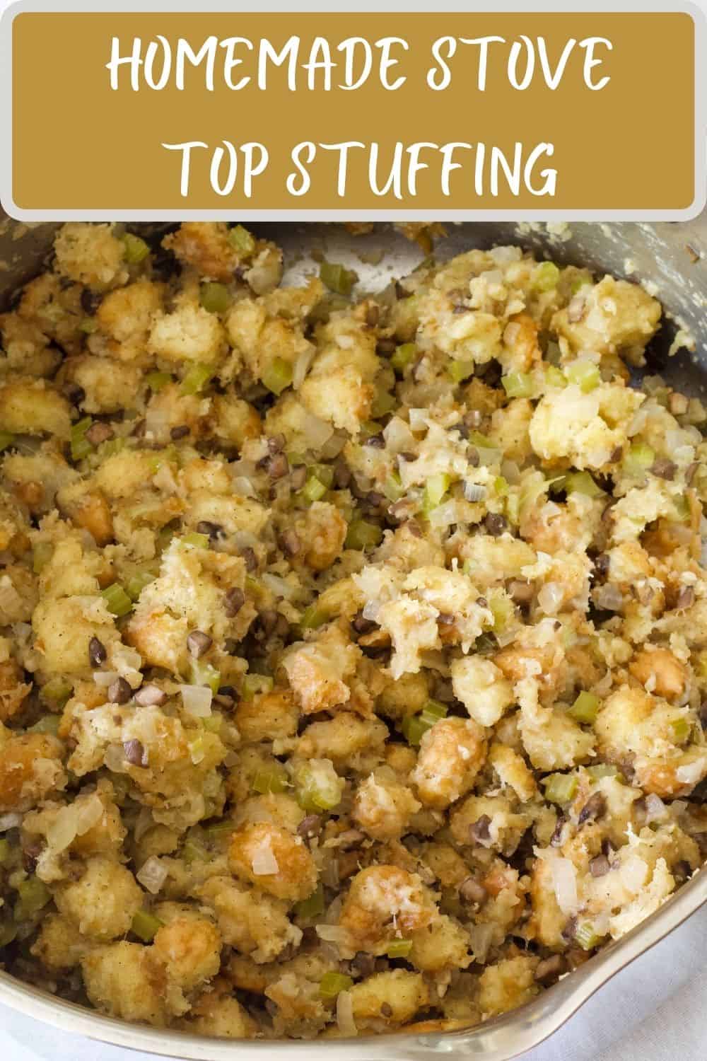 Homemade Stove Top Stuffing features dried bread, onion, celery, mushrooms, broth and seasonings. Fast, so tasty, and easier than you think! via @mindyscookingobsession
