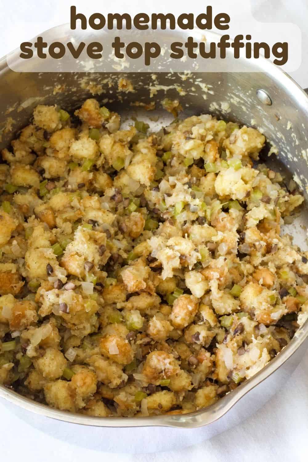 Homemade Stove Top Stuffing features dried bread, onion, celery, mushrooms, broth and seasonings. Fast, so tasty, and easier than you think! via @mindyscookingobsession