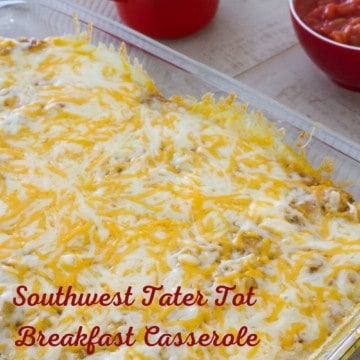 Tater Tot Breakfast Casserole - tater tots, eggs, milk and spices baked to perfection and topped with lots of cheese, sour cream and salsa.