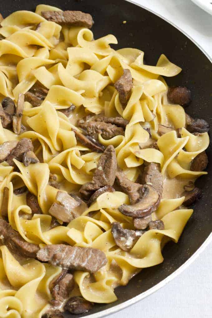 One Pan Beef Stroganoff features sirloin steak, egg noodles, beef broth and fresh mushrooms made in one skillet for quick and easy cleanup.