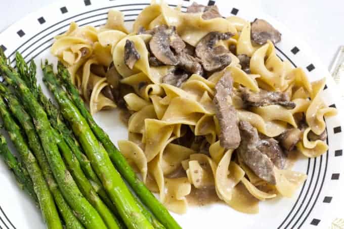 One Pan Beef Stroganoff features sirloin steak, egg noodles, beef broth and fresh mushrooms made in one skillet for quick and easy cleanup.