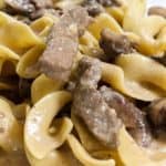 One Pan Beef Stroganoff features sirloin steak, egg noodles, beef broth and fresh mushrooms made in one skillet for quick and easy cleanup.