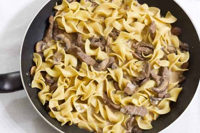 One Pan Beef Stroganoff features sirloin steak, egg noodles, beef broth and fresh mushrooms made in one skillet for quick and easy cleanup.