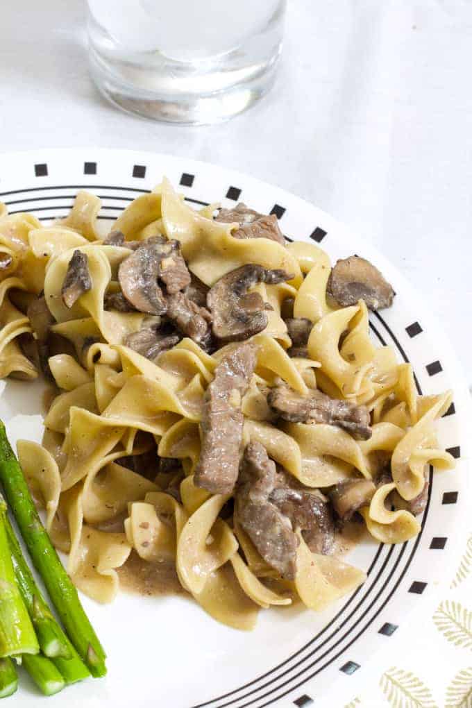 One Pan Beef Stroganoff features sirloin steak, egg noodles, beef broth and fresh mushrooms made in one skillet for quick and easy cleanup.