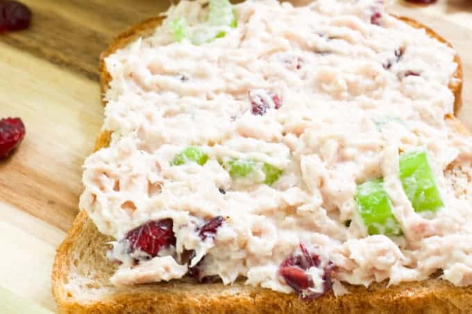 Healthy Cranberry Tuna Salad features canned tuna, mayo, Greek yogurt, celery, craisins, salt, pepper and a splash of lemon juice. So easy!