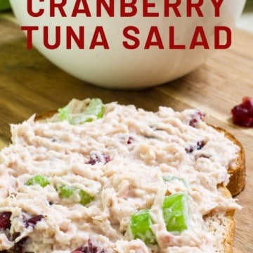 Healthy Cranberry Tuna Salad features canned tuna, mayo, Greek yogurt, celery, craisins, salt, pepper and a splash of lemon juice. So easy!