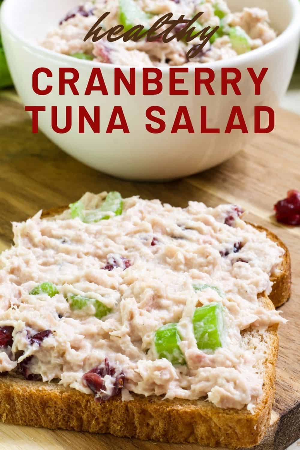 Healthy Cranberry Tuna Salad features canned tuna, mayo, Greek yogurt, celery, craisins, salt, pepper and a splash of lemon juice. So easy!