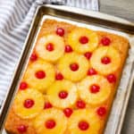 Pineapple Upside Down Cake recipe features pineapple and maraschino cherries and transforms boxed cake into an easy and special treat!