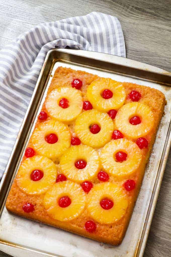 Pineapple Upside Down Cake recipe features pineapple and maraschino cherries and transforms boxed cake into an easy and special treat!