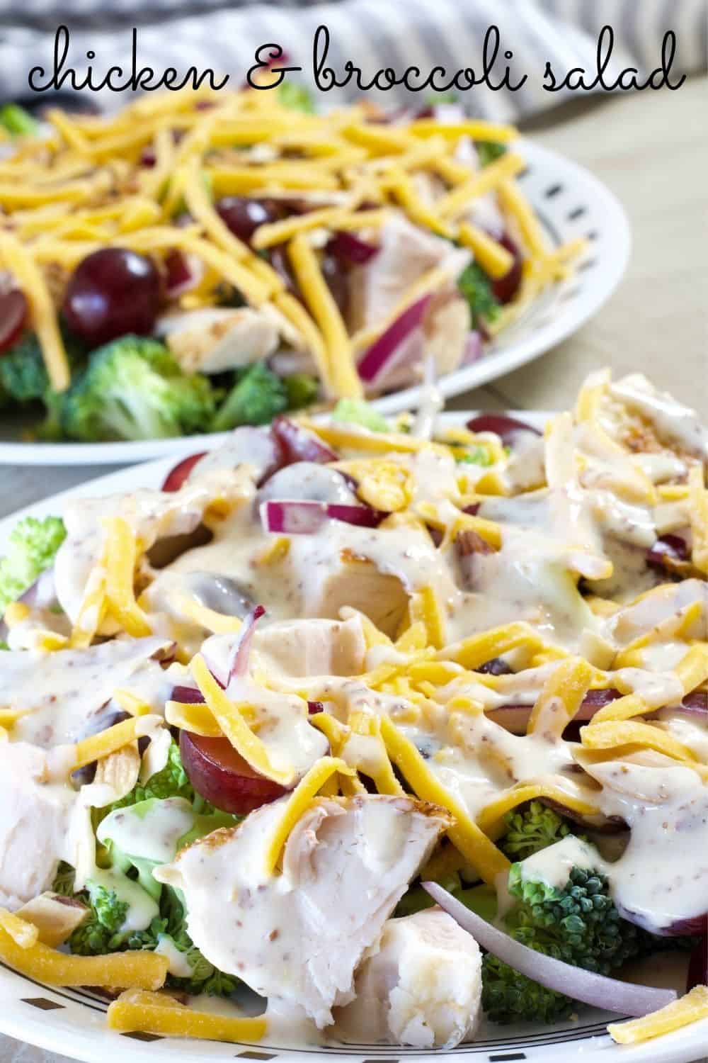 Chicken & Broccoli Salad uses leftover chicken or you can use nuggets or tenders from your favorite restaurant to make this even faster. #chickenbroccolisalad #dinnersalad #saladwithmeat #easydinnerrecipe