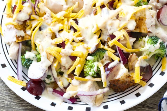 Chicken & Broccoli Salad uses leftover chicken or you can use nuggets or tenders from your favorite restaurant to make this even faster.