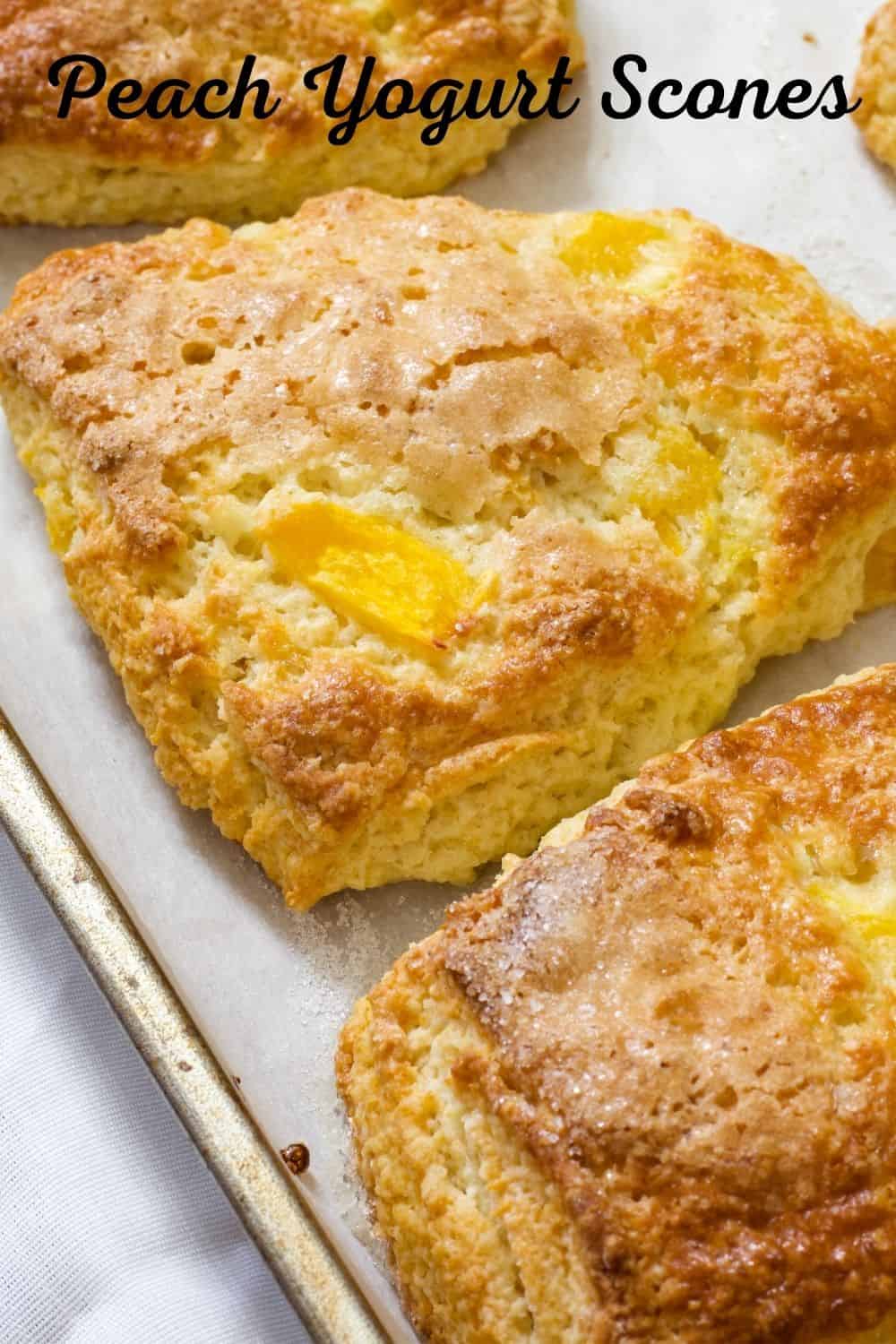 Peach Yogurt Scones are an easy to make delicious biscuit like treat made with butter, flour, sugar, Greek yogurt and frozen peaches. #peach #scone #sconerecipe #Greekyogurt #peachscone