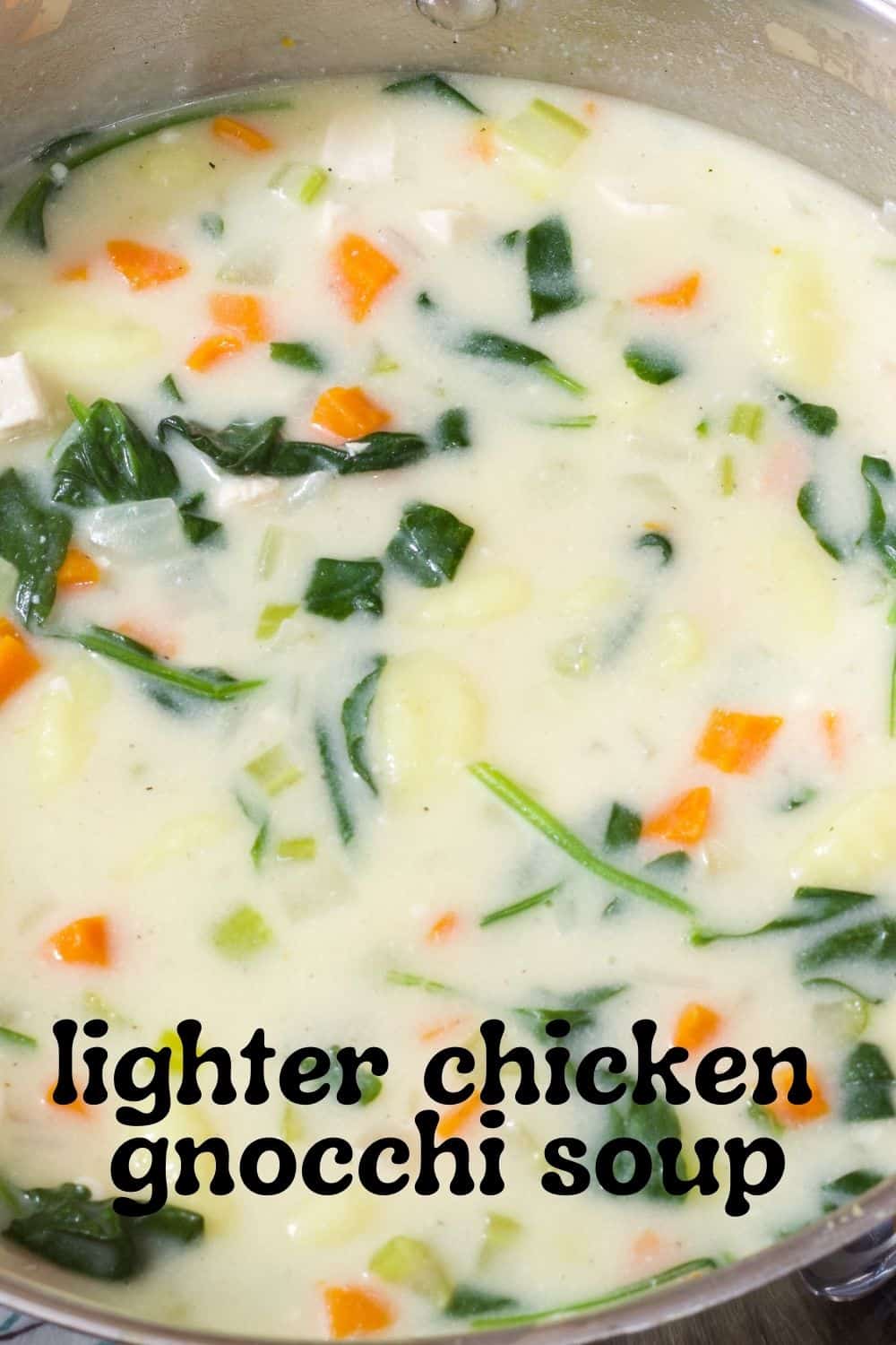 Lighter Chicken Gnocchi Soup is a hearty and comforting dish that uses milk instead of heavy cream to lighten up this Olive Garden favorite! #gnocchisoup #heartysouprecipe #onepotmeal