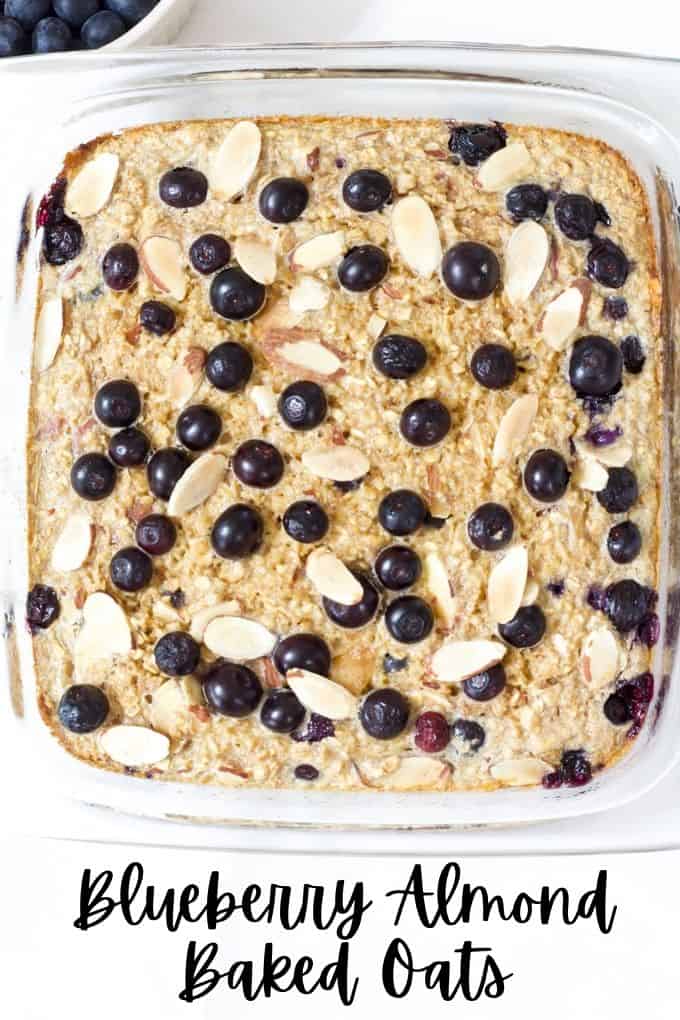 Blueberry Almond Baked Oatmeal is easy and full of healthful ingredients like oats, almonds, blueberries, unsweetened applesauce and eggs.