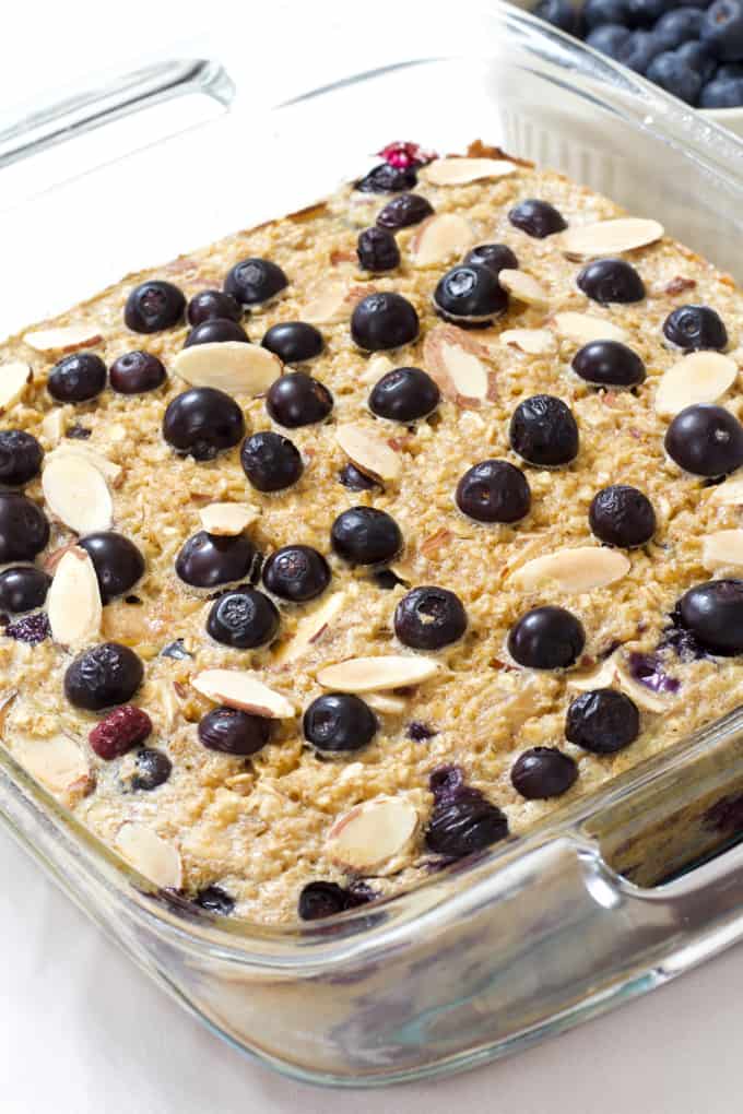 Blueberry Almond Baked Oatmeal is easy and full of healthful ingredients like oats, almonds, blueberries, unsweetened applesauce and eggs.