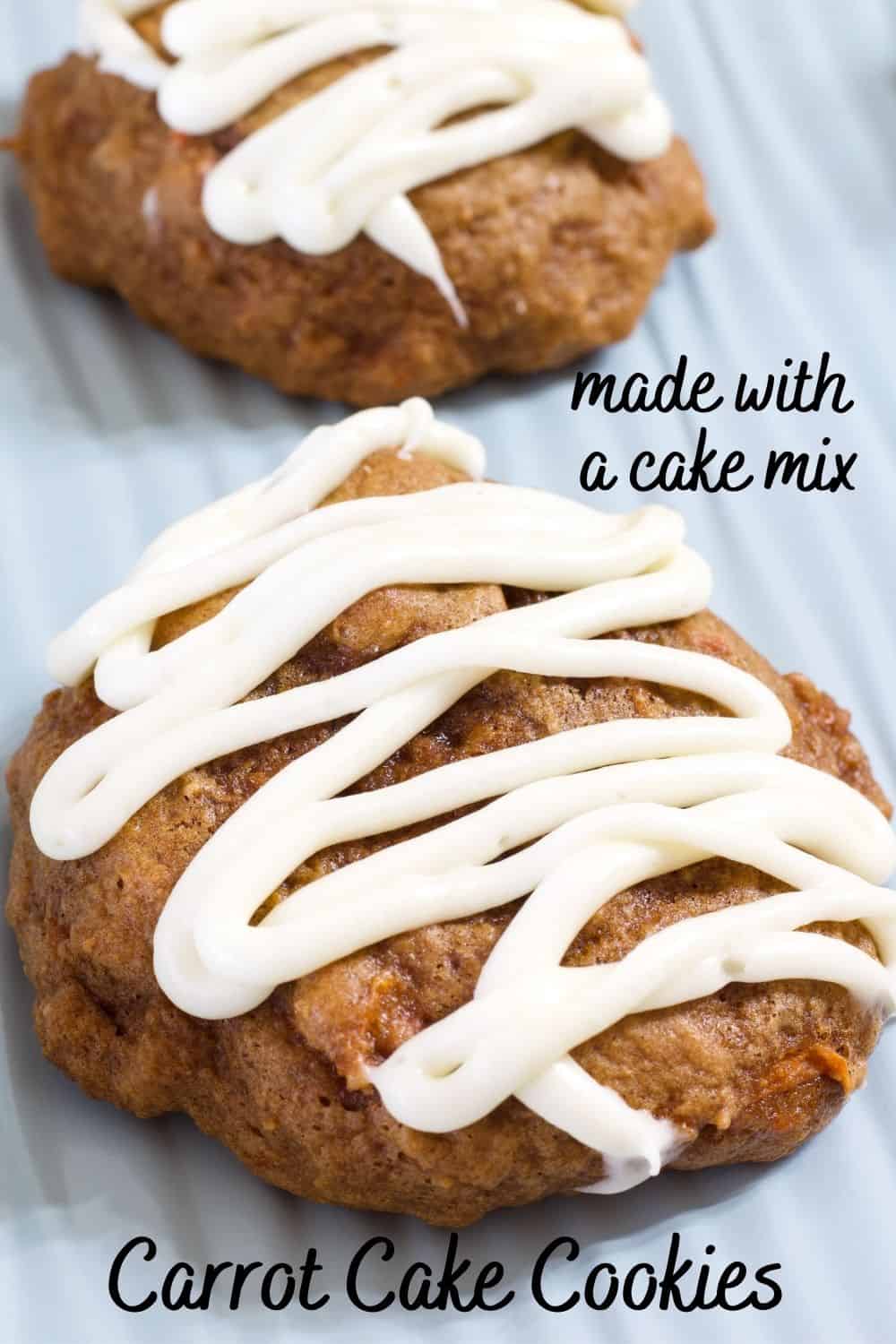 Very close up view of a carrot cake mix cookie ona light blue cookie sheet