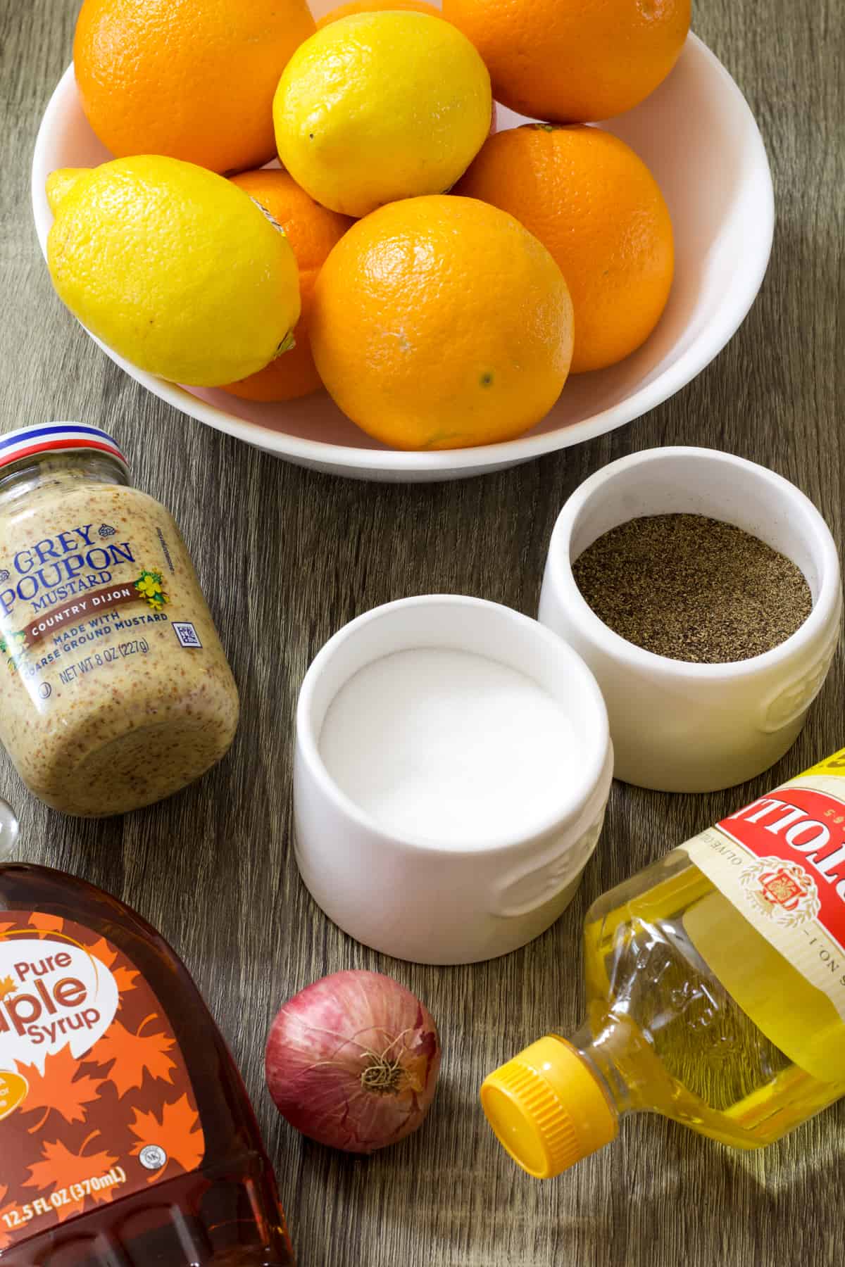Overhead view of ingredients to make easy citrus salad dressing. 