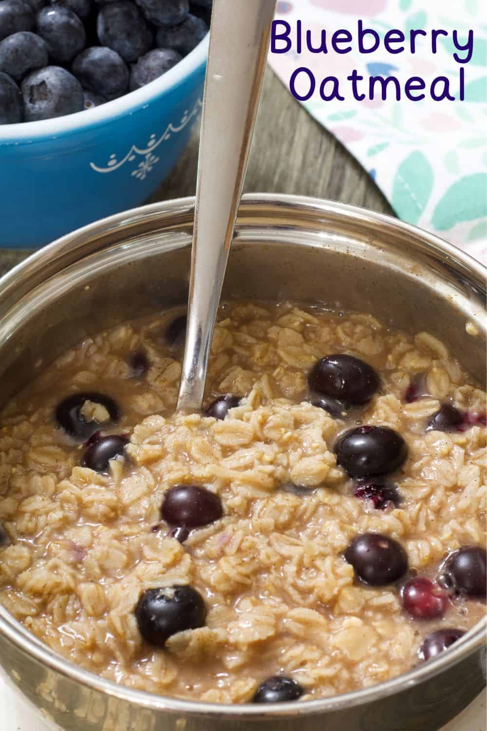 A closer view of a silver pan with blueberry oatmeal in it.