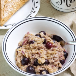 A close up view of a bowl of blueberry oatmeal