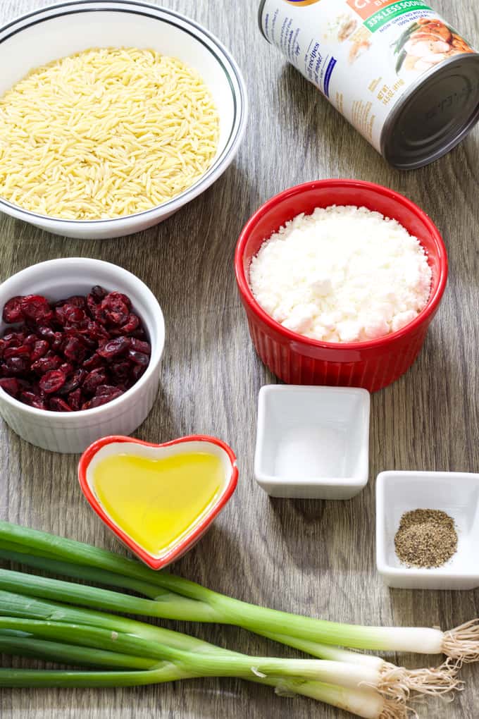 The ingredients needed to make the pasta salad.