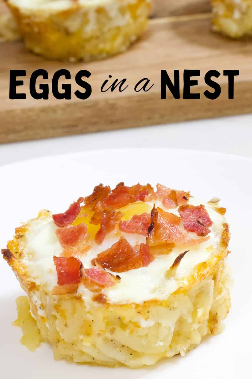 Close up shot of one egg in a hash brown nest with the title above it.