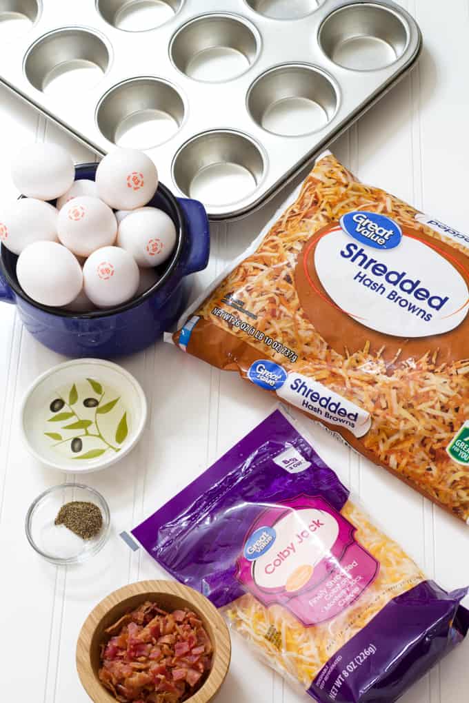 All of the ingredients needed to make eggs in hash brown nests.