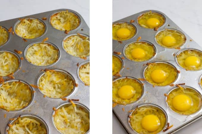 Side by side images of the hash browns in the muffin tin, without and with eggs.