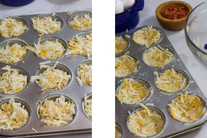 Hash brown mixture in the muffin cups with and without the indentation for the eggs.