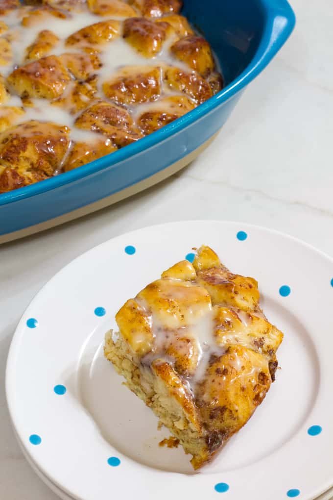 The top view of one piece of cinnamon roll breakfast casserole.