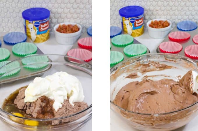 side by side images of the ingredients to make the chocolate cupcakes, one bowl is mixed and one isn't.
