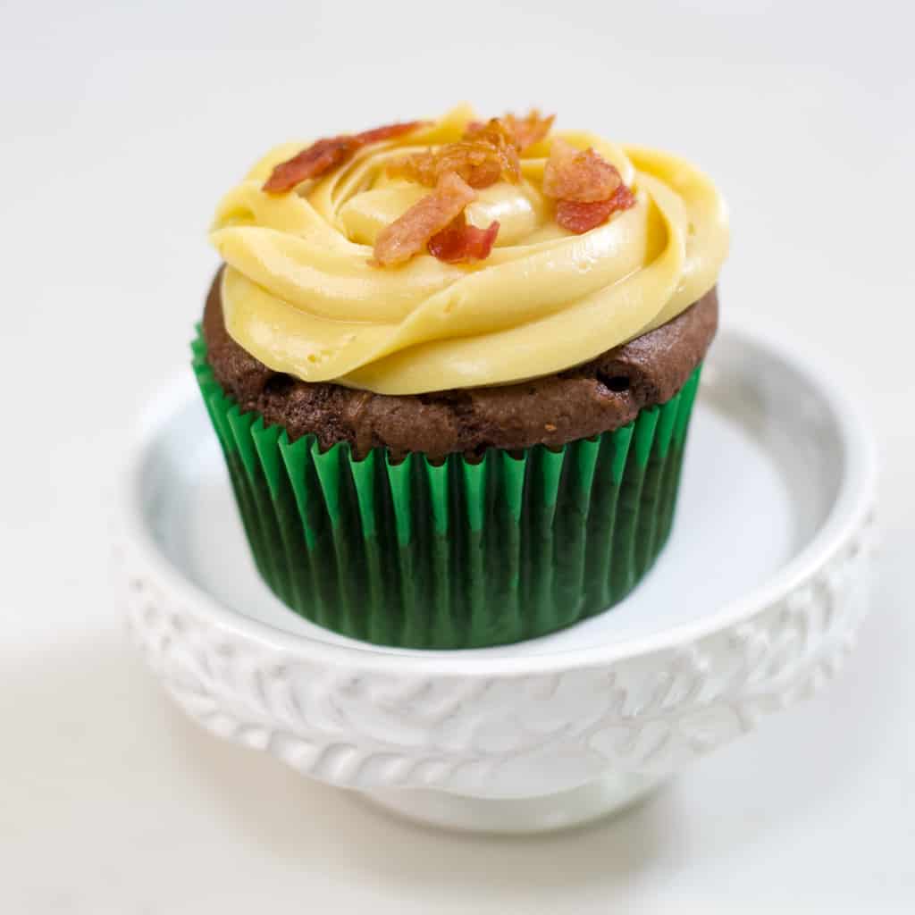 Chocolate Cupcakes Topped with Caramel Frosting and Bacon Mindy's